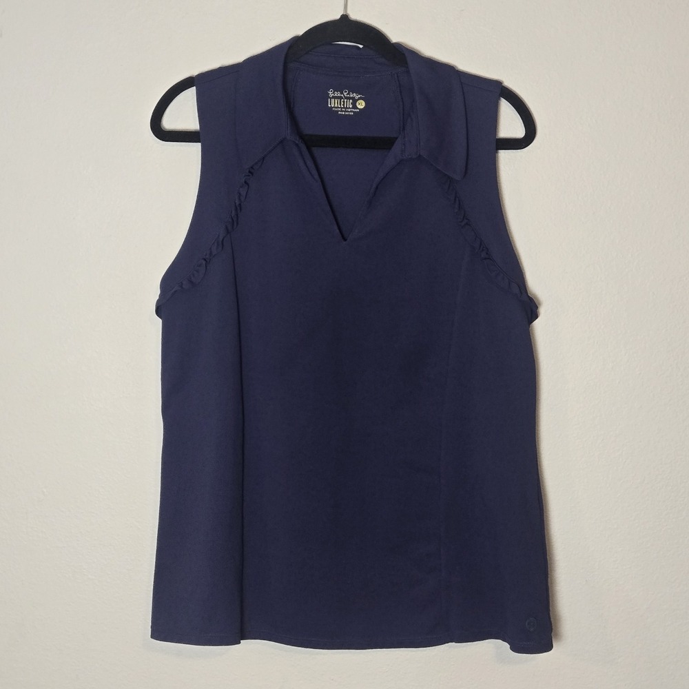 LILY PULITZER LUXLETIC Martina Polo Top Size XL Navy Blue Ruffle UPF 50+ Tank